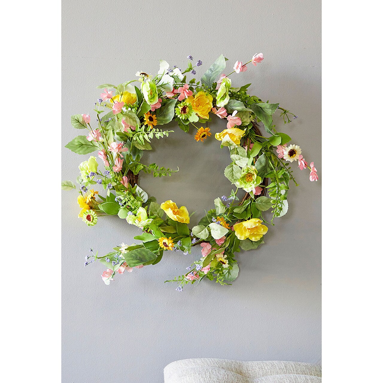 24" Mixed Flower Wreath Lush Spring & Summer Floral Wreath for Front Door or Wall Decor